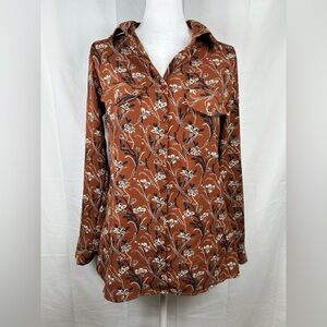 Fashion Week Brown Floral Button Up Blouse Size Small Collared Long Sleeve